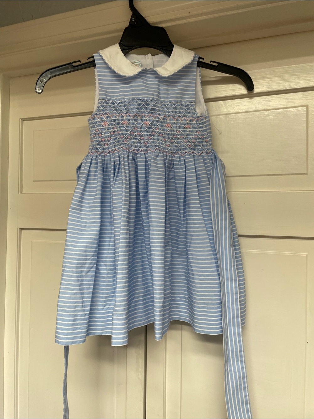 Classic Blue & White Striped Smocked Kids Dress with Peter Pan Collar. Size 2